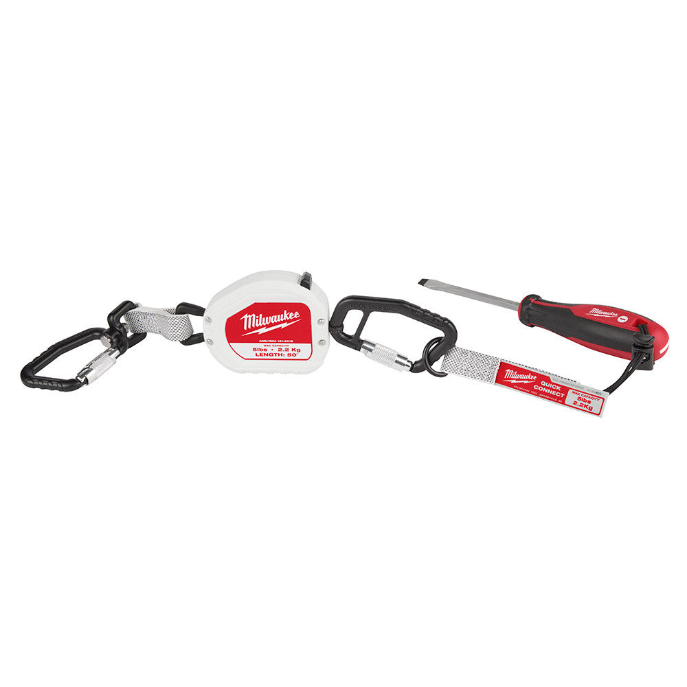 Milwaukee 48-22-8825 5 lbs 50 inch Retractable Tool Lanyard showing in use mounted to a screwdriver (screwdriver sold separately)