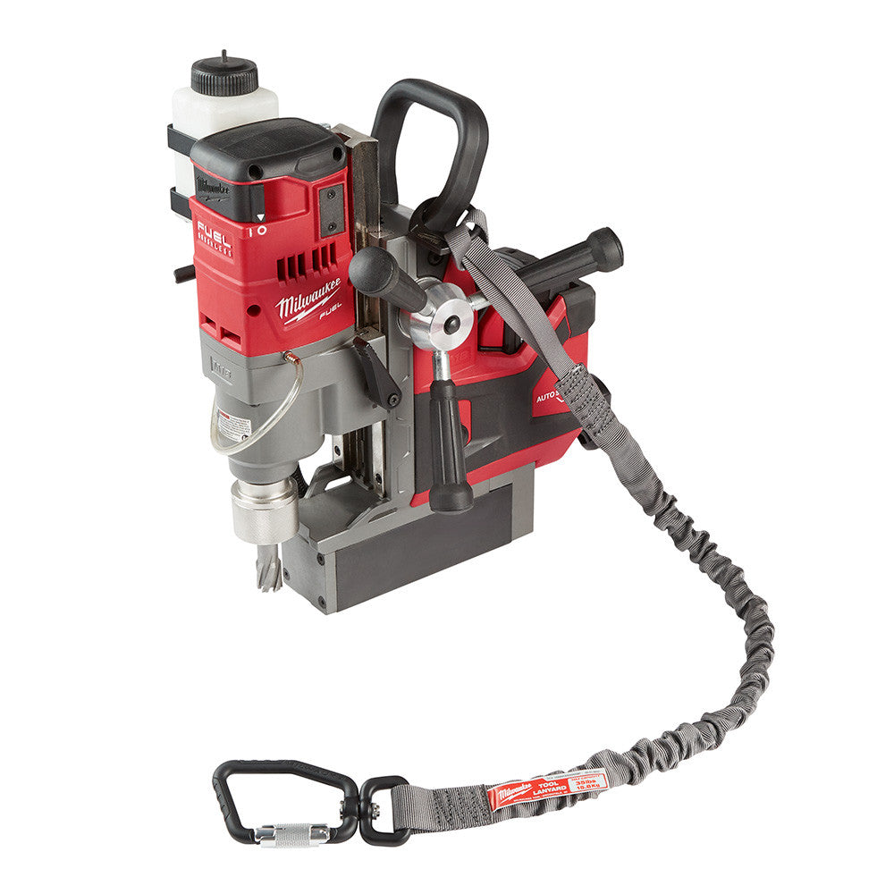 Milwaukee 48-22-8850 35lbs 36 inch Locking Tool Lanyard showing in use mounted to a mag drill mag drill sold separately)