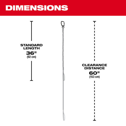 Milwaukee 48-22-8850 35lbs 36 inch Locking Tool Lanyard showing measurement ranges
