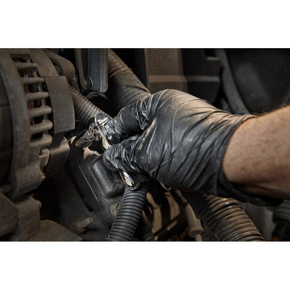 Milwaukee 48-22-9003 1/4-inch Drive 3-inch Stubby Ratchet showing in use fastening bolt in confined space inside motor cavity