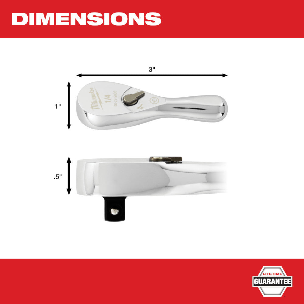 Milwaukee 48-22-9003 1/4-inch Drive 3-inch Stubby Ratchet showing measurements of ratchet