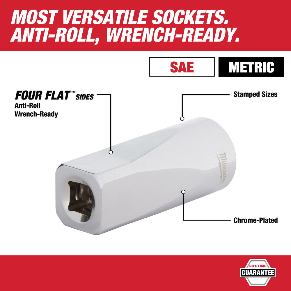 Milwaukee 48-22-9008 56pc Metric  and SAE 3/8-inch Drive Ratchet  and Socket Set showing features of the sockets
