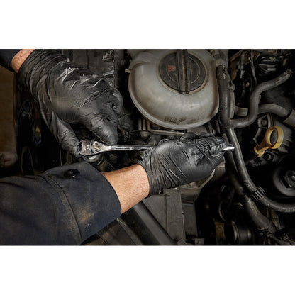 Milwaukee 48-22-9005 1/4-inch Drive 9-inch Extended Ratchet showing in use fastening bolt inside motor cavity