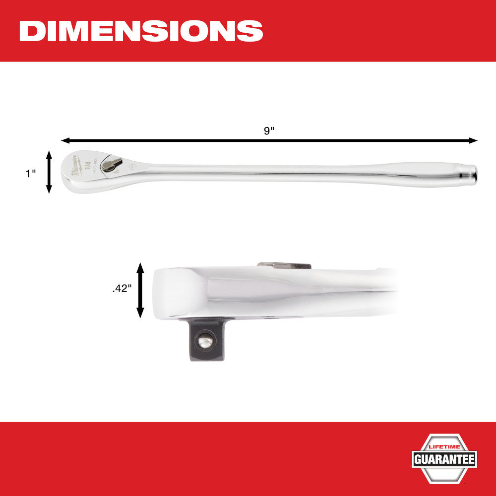 Milwaukee 48-22-9005 1/4-inch Drive 9-inch Extended Ratchet showing measurements of ratchet