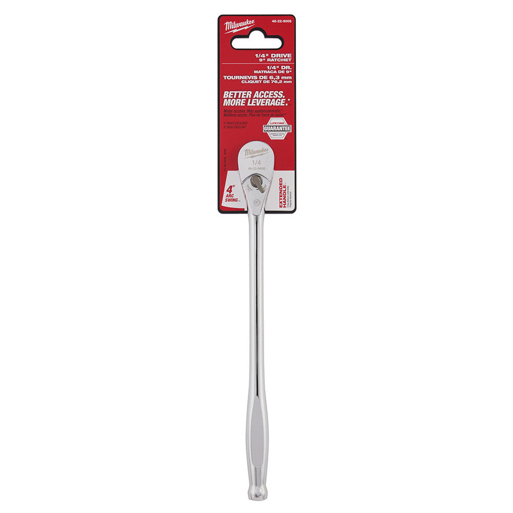 Milwaukee 48-22-9005 1/4-inch Drive 9-inch Extended Ratchet showing ratchet in packaging