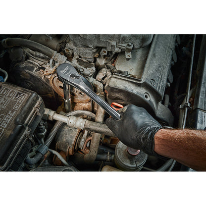 Milwaukee 48-22-9012 1/2-inch Drive Ratchet showing in use fastening bolt inside motor cavity