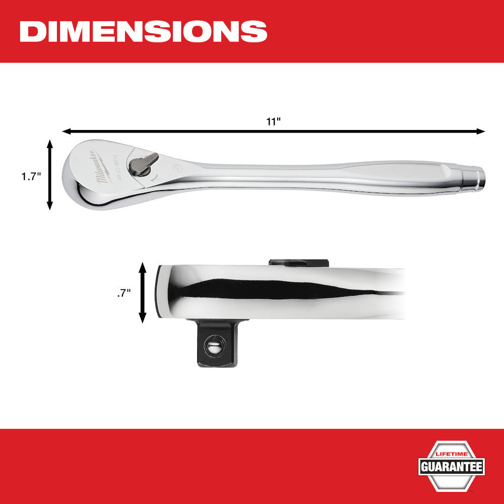 Milwaukee 48-22-9012 1/2-inch Drive Ratchet showing measurements of ratchet