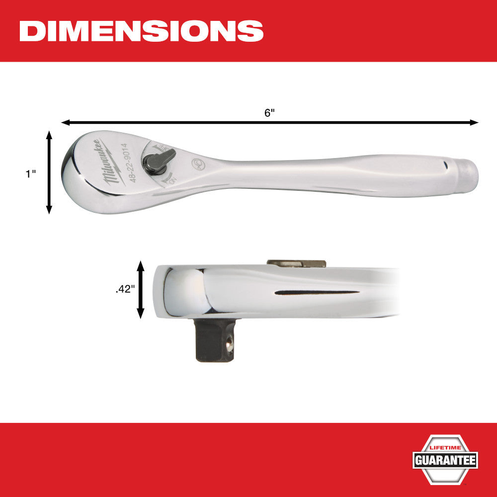 Milwaukee 48-22-9014 1/4-inch Drive Ratchet showing measurements of ratchet