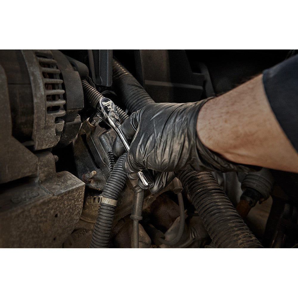 Milwaukee 48-22-9036 3/8-inch Drive 5-inch Stubby Ratchet showing in use fastening bolt in confined space inside motor cavity