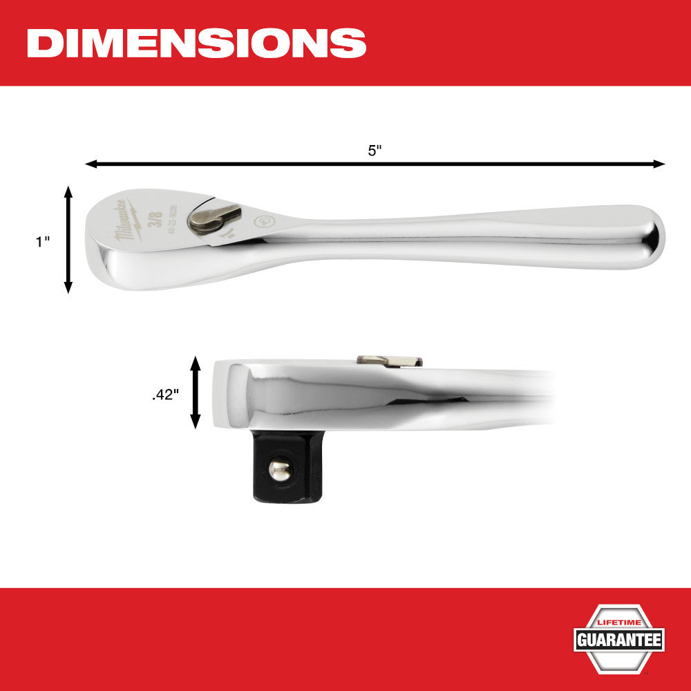 Milwaukee 48-22-9036 3/8-inch Drive 5-inch Stubby Ratchet showing measurements of ratchet
