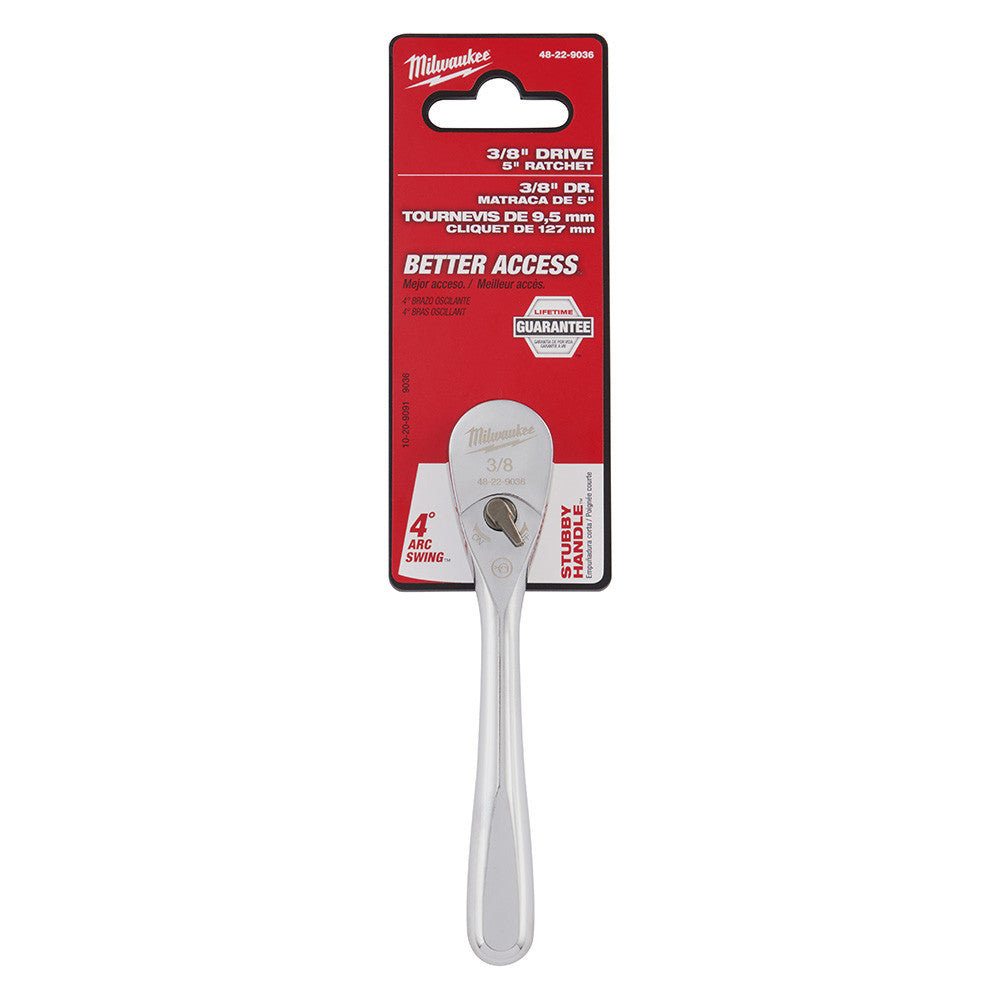 Milwaukee 48-22-9036 3/8-inch Drive 5-inch Stubby Ratchet showing ratchet in packaging