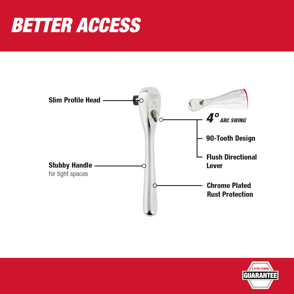 Milwaukee 48-22-9036 3/8-inch Drive 5-inch Stubby Ratchet showing features of the ratchet