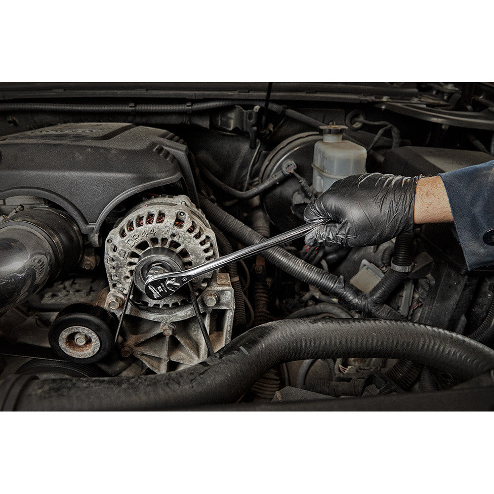 Milwaukee 48-22-9037 3/8-inch Drive 12-inch Extended Ratchet showing in use fastening bolt inside motor cavity