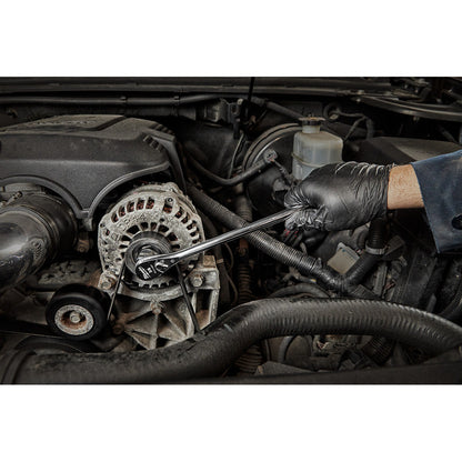 Milwaukee 48-22-9037 3/8-inch Drive 12-inch Extended Ratchet showing in use fastening bolt inside motor cavity