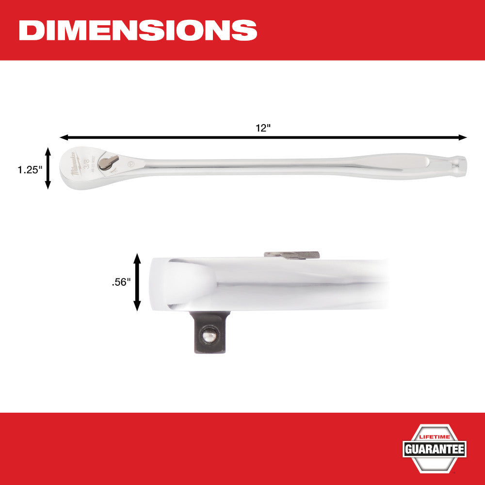 Milwaukee 48-22-9037 3/8-inch Drive 12-inch Extended Ratchet showing measurements of ratchet