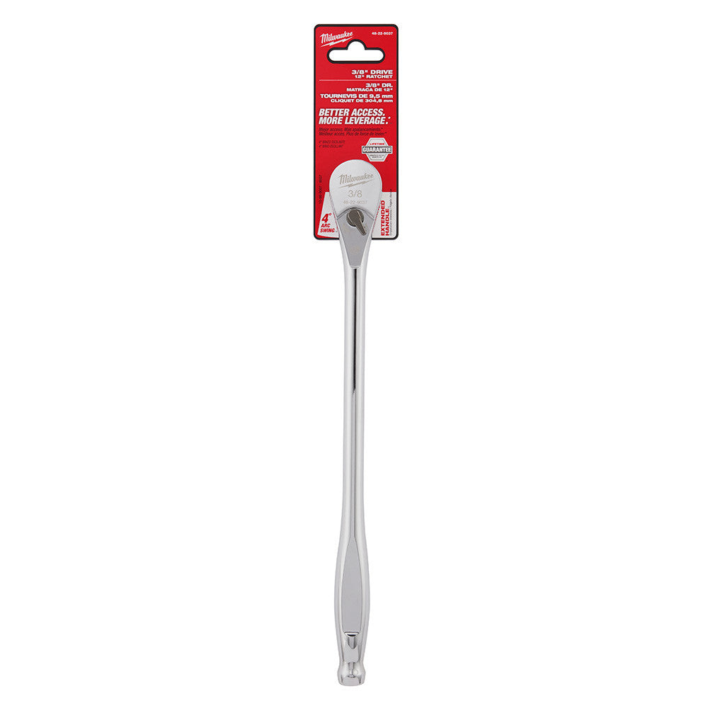 Milwaukee 48-22-9037 3/8-inch Drive 12-inch Extended Ratchet showing ratchet in packaging