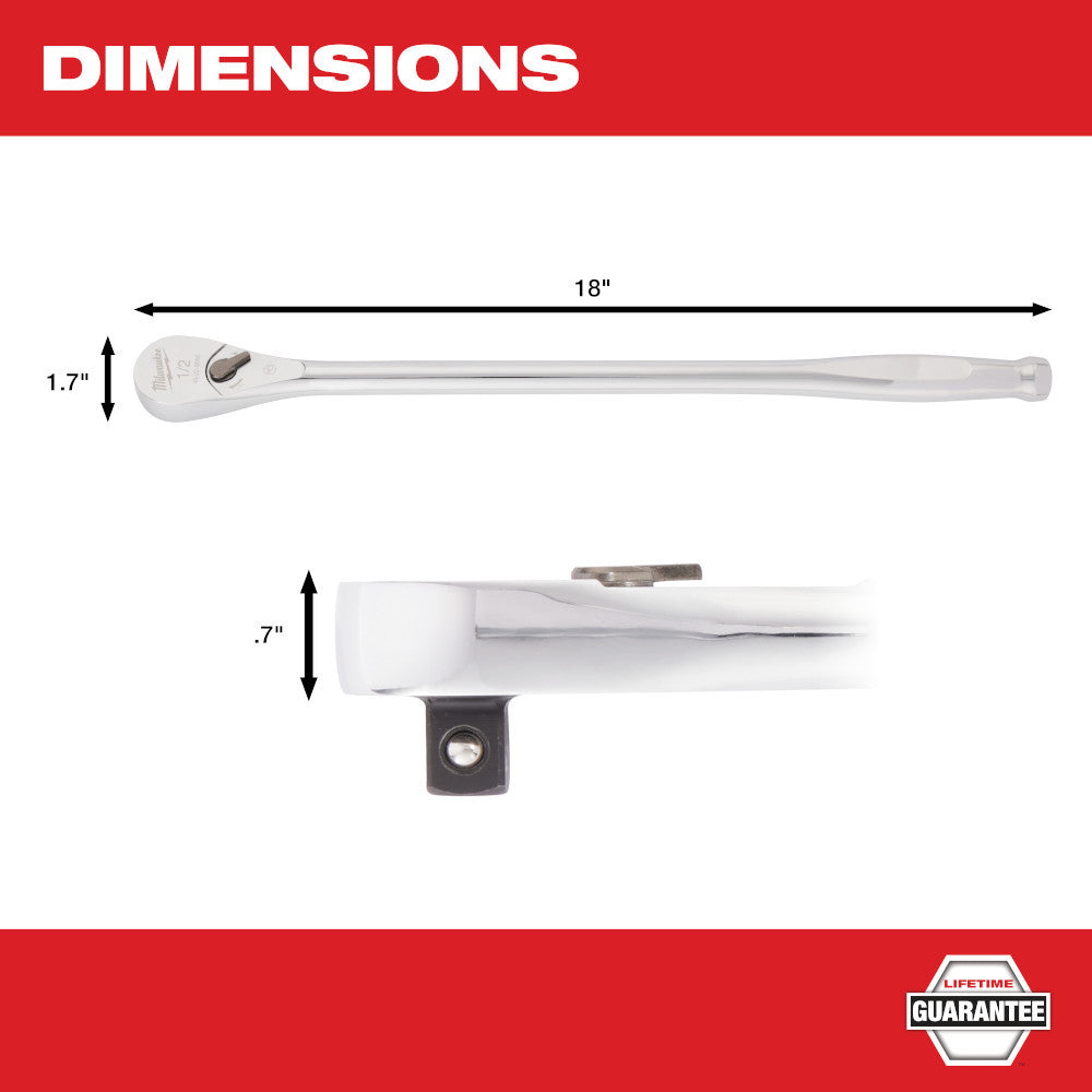 Milwaukee 48-22-9050 1/2-inch Drive 18-inch Extended Ratchet showing measurements of ratchet