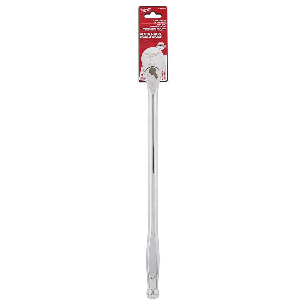 Milwaukee 48-22-9050 1/2-inch Drive 18-inch Extended Ratchet showing ratchet in packaging