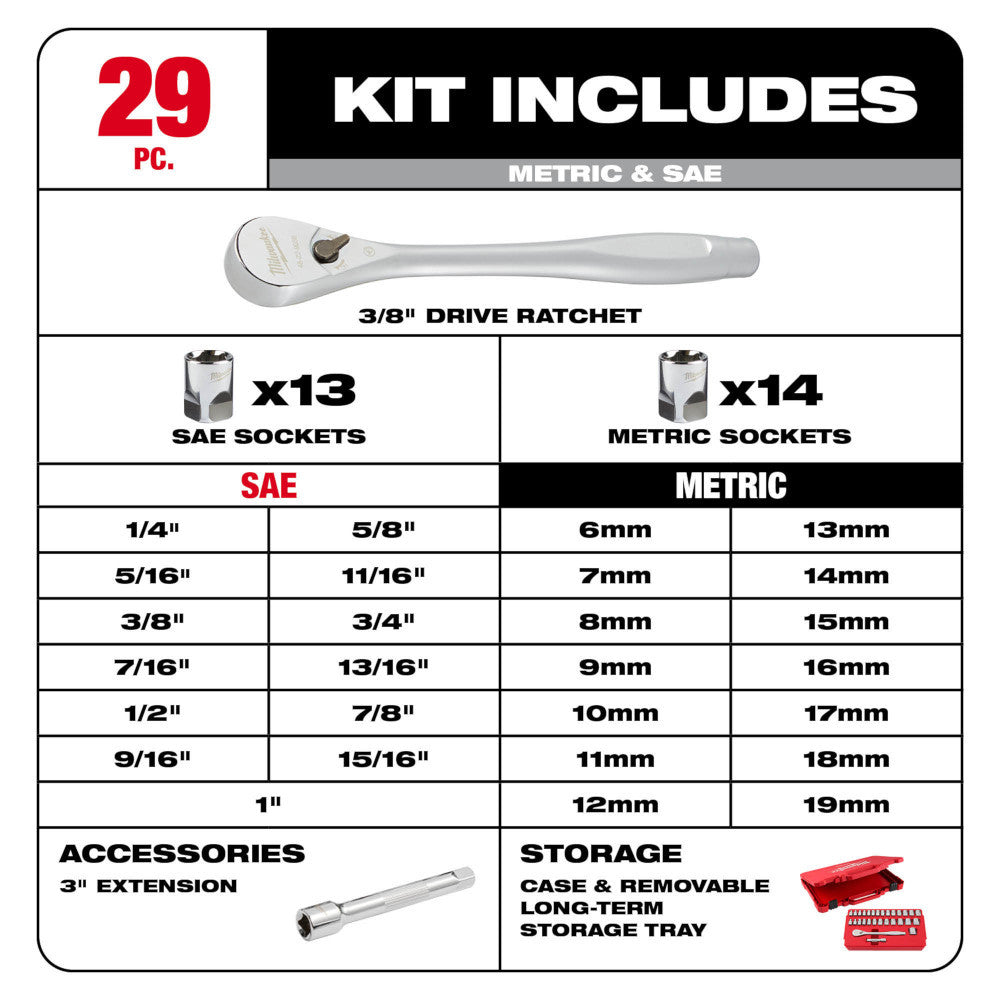 Milwaukee 29pc Metric & SAE 3/8 Inch Drive Ratchet & Socket Set with FOUR FLAT SIDES