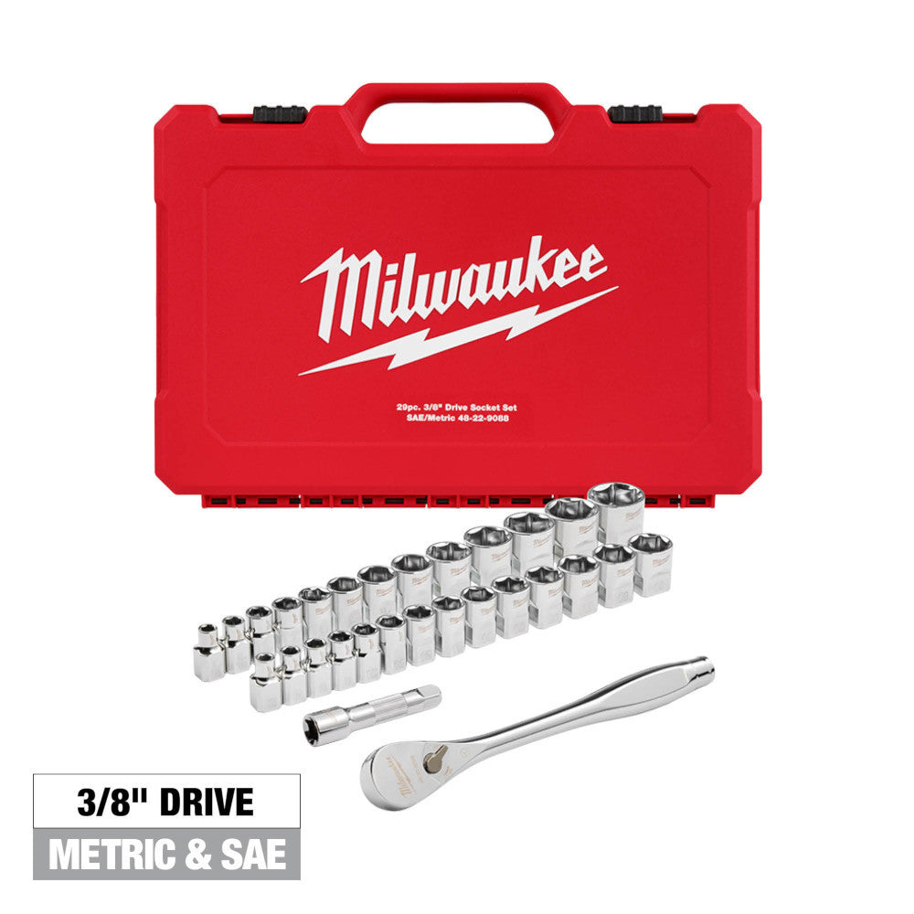 Milwaukee 29pc Metric & SAE 3/8 Inch Drive Ratchet & Socket Set with FOUR FLAT SIDES