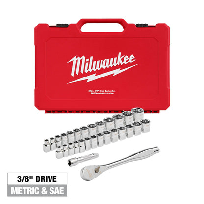 Milwaukee 29pc Metric & SAE 3/8 Inch Drive Ratchet & Socket Set with FOUR FLAT SIDES
