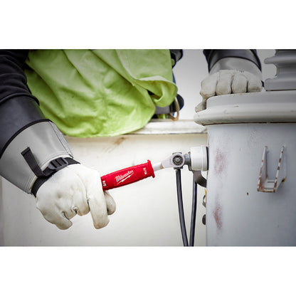 Milwaukee 48-22-9212 Lineman's 4-In-1 Insulated Ratcheting Box Wrench showing in use fastening bolt through terminal crimp to connect wires to transformer