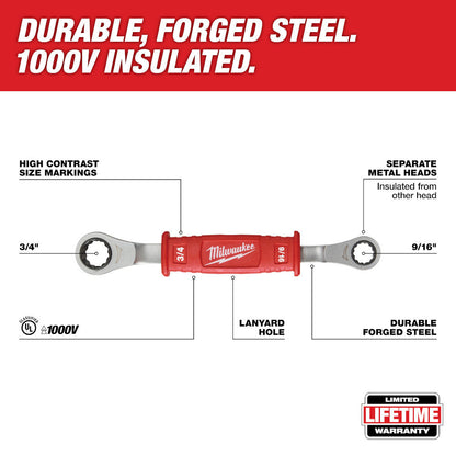 Milwaukee 48-22-9211 Lineman foots 2-In-1 Insulated Ratcheting Box Wrench showing features of the wrench