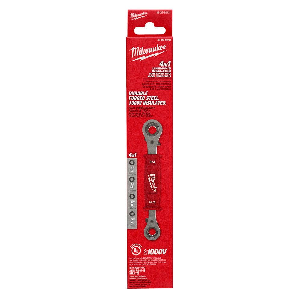Milwaukee 48-22-9212 Lineman's 4-In-1 Insulated Ratcheting Box Wrench showing wrench in packaging