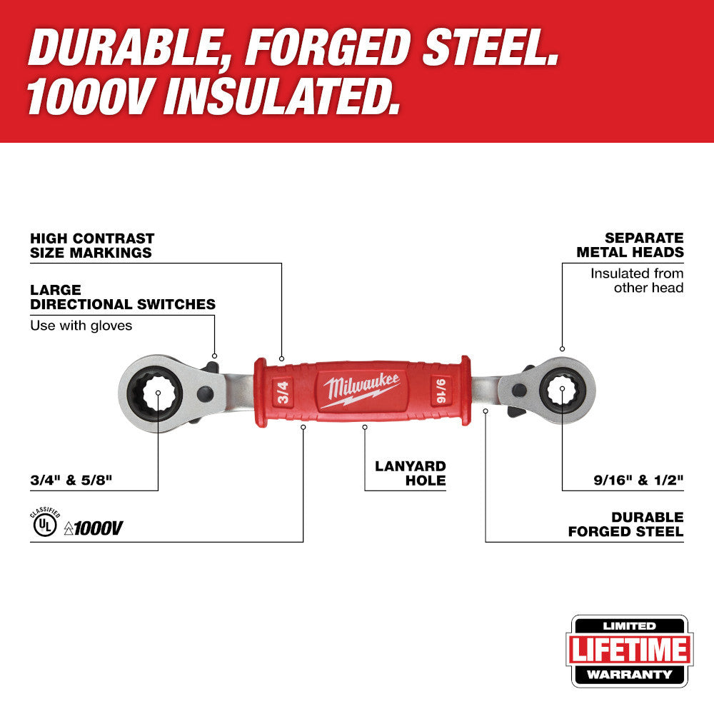 Milwaukee 48-22-9212 Lineman foots 4-In-1 Insulated Ratcheting Box Wrench showing features of the wrench