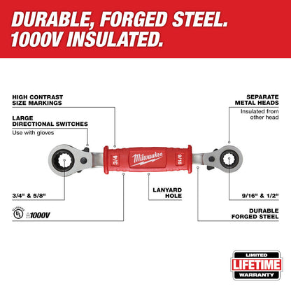 Milwaukee 48-22-9212 Lineman foots 4-In-1 Insulated Ratcheting Box Wrench showing features of the wrench