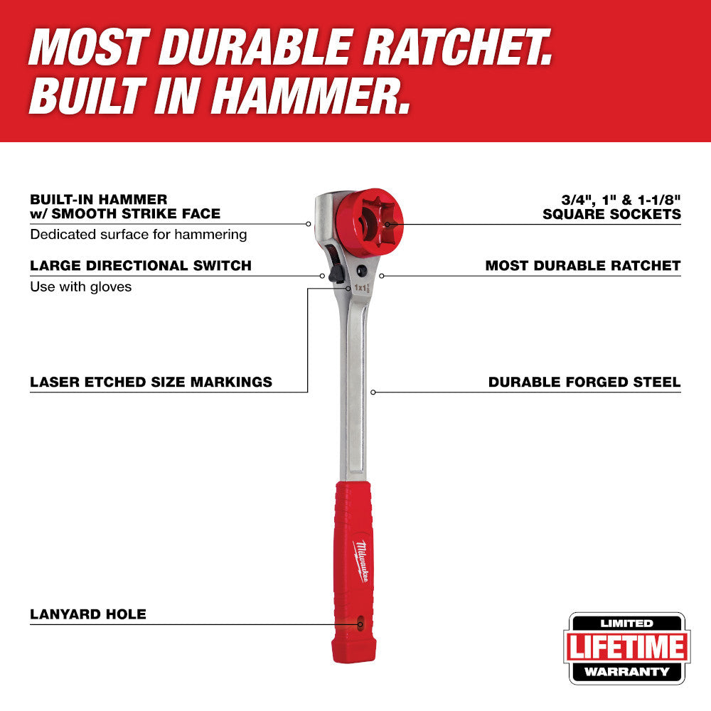 Milwaukee 48-22-9213 Lineman foots High-Leverage Insulated Ratcheting Box Wrench showing features of the wrench