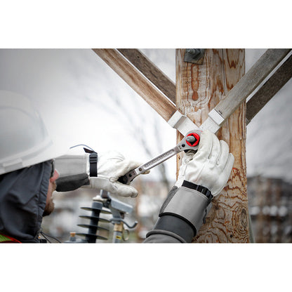 Milwaukee 48-22-9216 Lineman's 5-In-1 Insulated Ratcheting Box Wrench showing features of the wrench showing wrench in use fastening bolt through supports into telephone pole