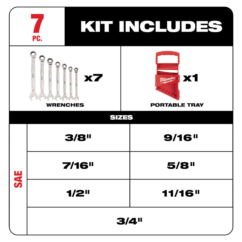 Milwaukee 48-22-9406 7pc SAE Ratcheting Combination Wrench Set showing inclusions of the set