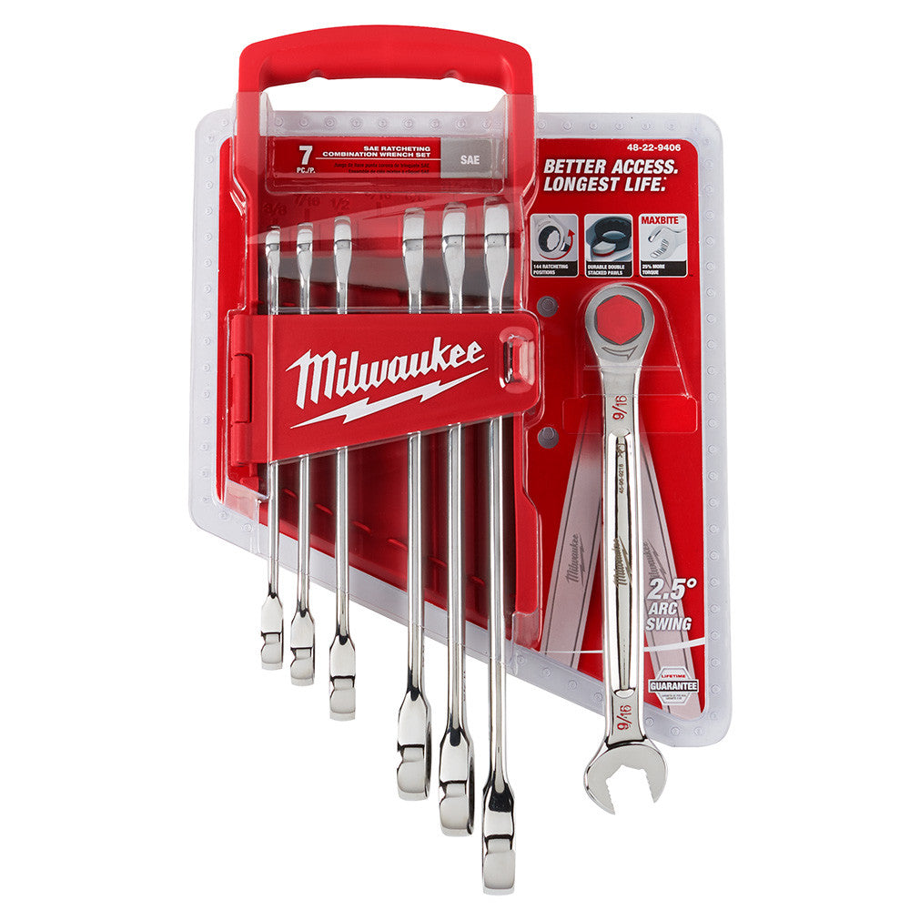 Milwaukee 48-22-9406 7pc SAE Ratcheting Combination Wrench Set showing wrenches in packaging