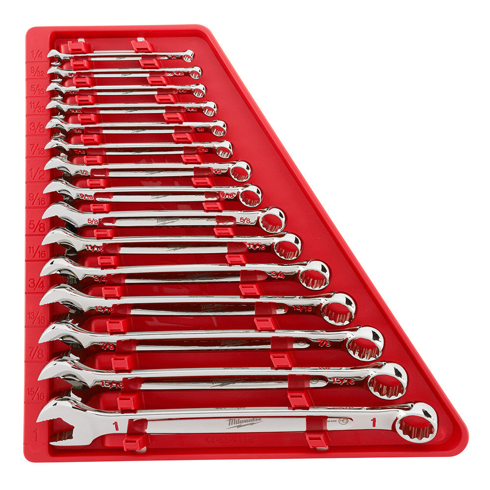 Milwaukee 48-22-9415 15pc SAE Combination Wrench Set showing wrenches in storage carrier