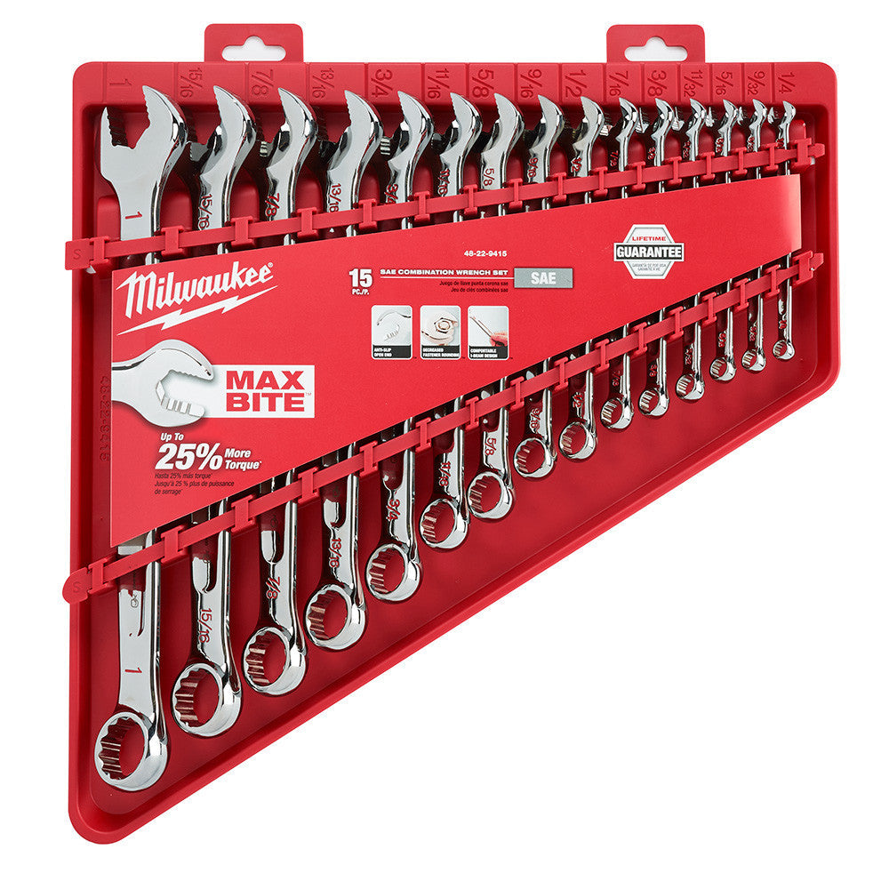 Milwaukee 48-22-9415 15pc SAE Combination Wrench Set showing wrenches in packaging