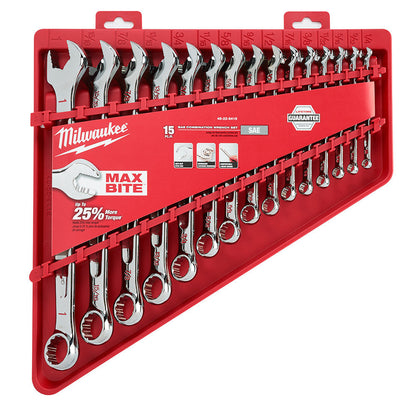 Milwaukee 48-22-9415 15pc SAE Combination Wrench Set showing wrenches in packaging