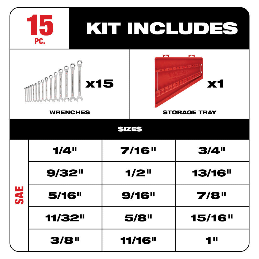 Milwaukee 48-22-9416 15pc SAE Ratcheting Combination Wrench Set showing inclusions of the set