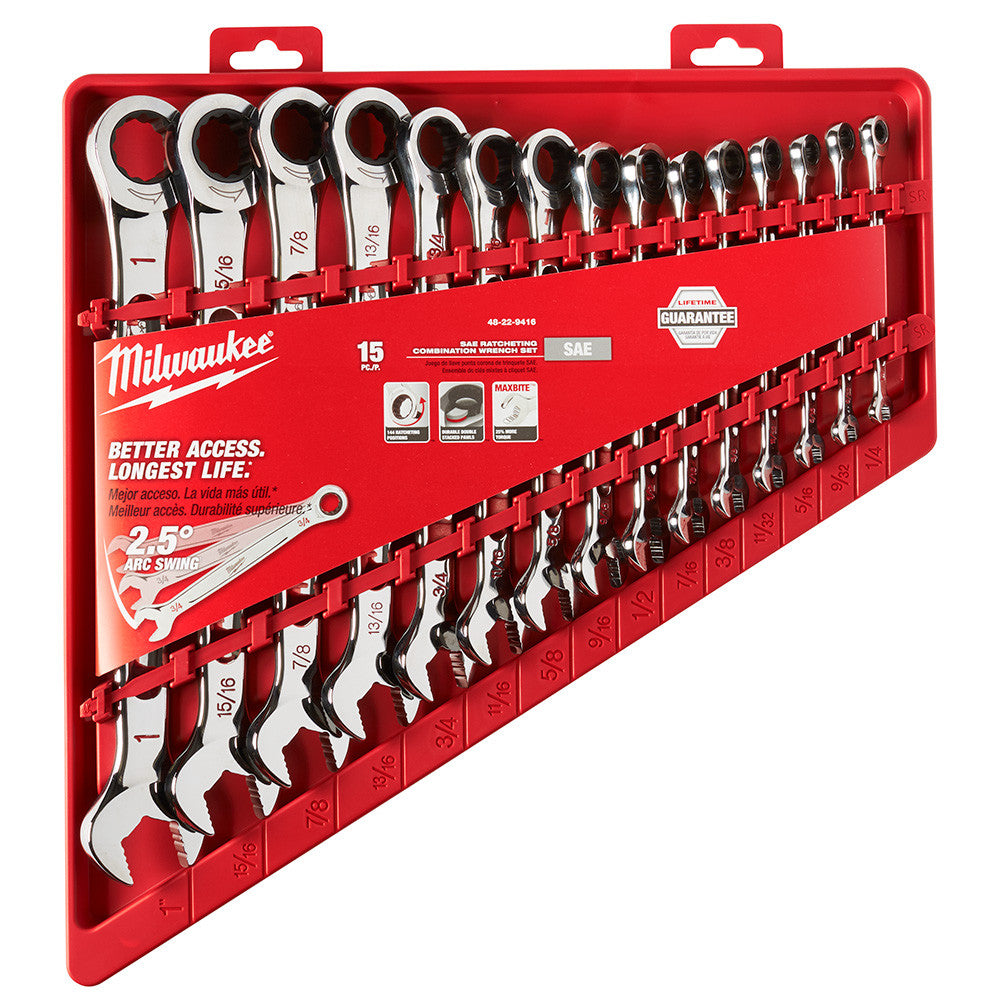 Milwaukee 48-22-9416 15pc SAE Ratcheting Combination Wrench Set showing wrenches in packaging