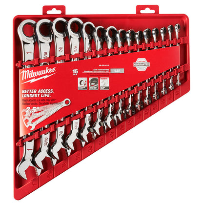 Milwaukee 48-22-9416 15pc SAE Ratcheting Combination Wrench Set showing wrenches in packaging