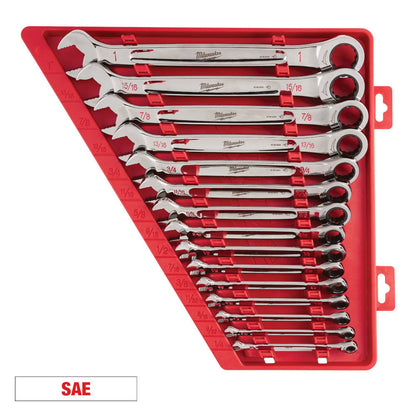 Milwaukee 48-22-9416 15pc SAE Ratcheting Combination Wrench Set showing wrenches in storage carrier
