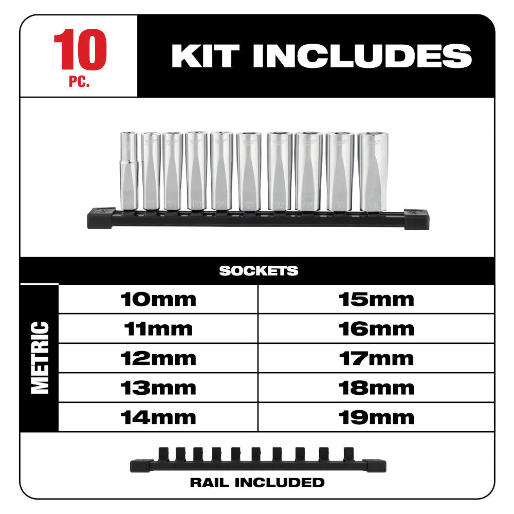 Milwaukee 48-22-9505 10pc Metric 3/8 Drive Deep Well Socket Set
