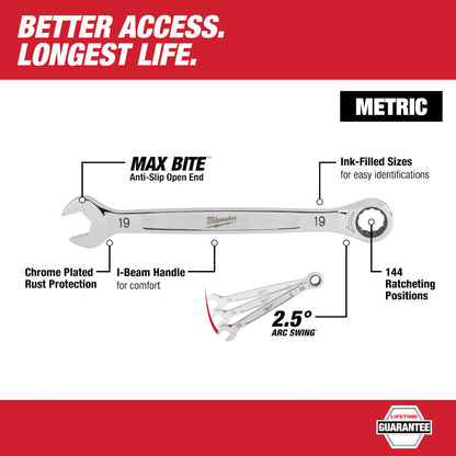 Milwaukee 48-22-9516 15pc Metric Ratcheting Combination Wrench Set showing features of the wrenches