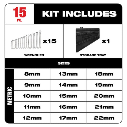 Milwaukee 48-22-9516 15pc Metric Ratcheting Combination Wrench Set showing inclusions of the set