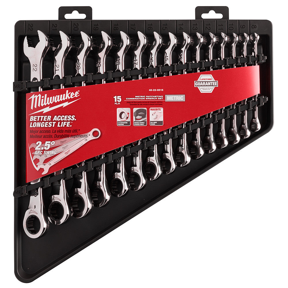 Milwaukee 48-22-9516 15pc Metric Ratcheting Combination Wrench Set showing wrenches in packaging
