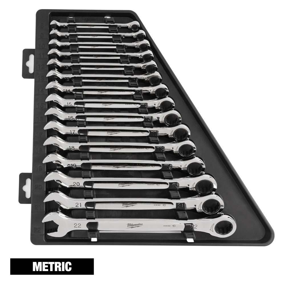 Milwaukee 48-22-9516 15pc Metric Ratcheting Combination Wrench Set showing wrenches in storage carrier