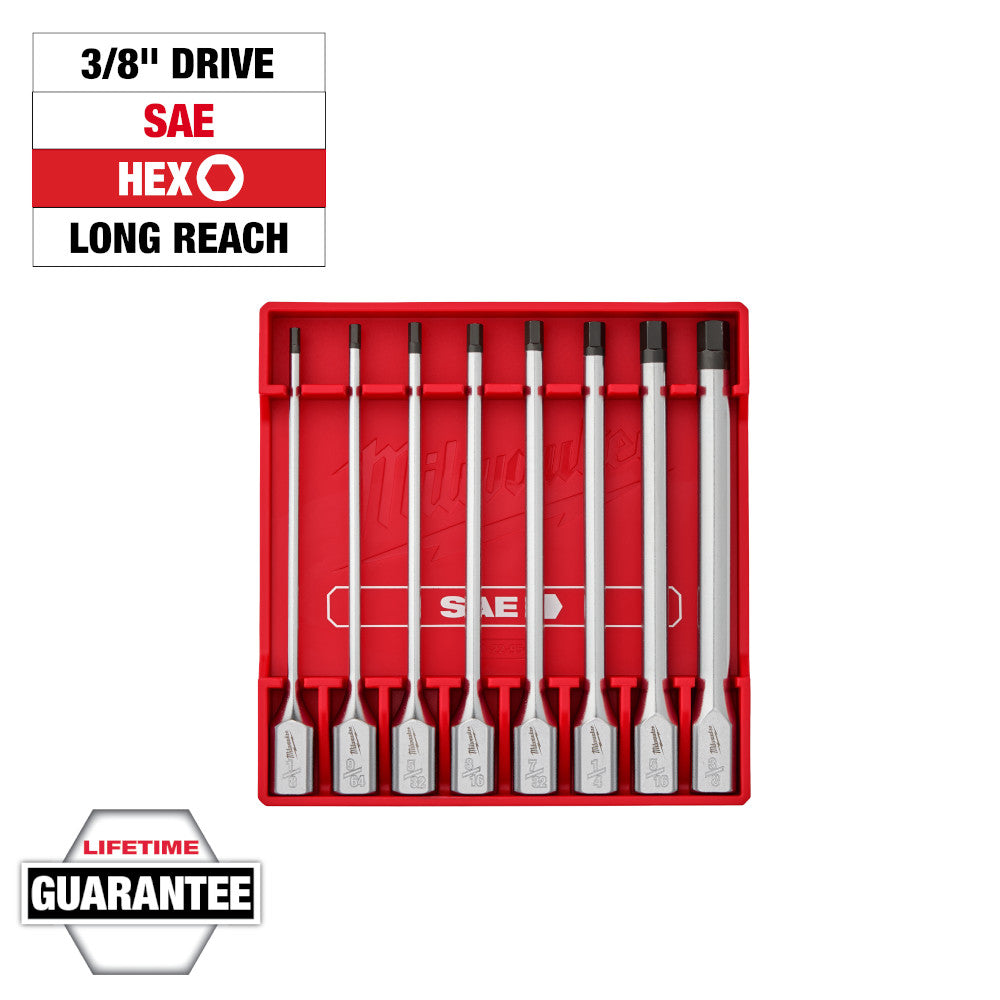 Milwaukee 8pc Long Ball End Hex Bit SAE Sockets Set with 3/8in Drive