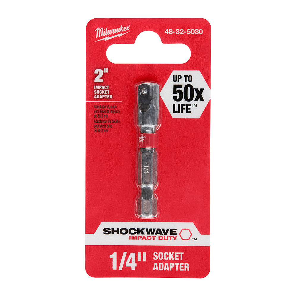 Milwaukee 48-32-5030 SHOCKWAVE Impact Duty 2 inch x 1/4 inch Square Socket Adapter showing bit in packaging