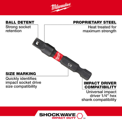 Milwaukee 48-32-5030 SHOCKWAVE Impact Duty 2 inch x 1/4 inch Square Socket Adapter showing features of the socket attachment
