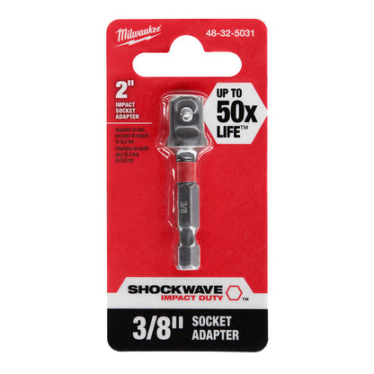 Milwaukee 48-32-5031 SHOCKWAVE Impact Duty 2 inch x 3/8 inch Square Socket Adapter showing bit in packaging